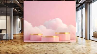 Minimal scene with pink podium and clouds ,Red 3d product display podium on cloud background with pastel colors and dreamy lighting Wall mural