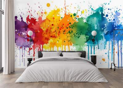 Paint splatter banner, rainbow watercolor paint stains. Colorful splattered spray paints, abstract color ink explosion vector background Wall mural