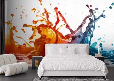 red and yellow splashes ,Large colorful splash of multicolored paint that scatters in different directions ,Rainbow colored liquid explosion illustration, isolated on white background Wall mural