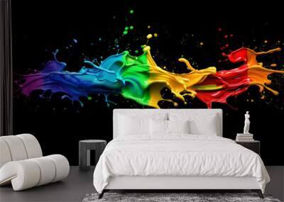 Splashes of drops of colored paint, black dark background ,Abstract paint and ink in a rainbow of colors splash, abstract background Wall mural