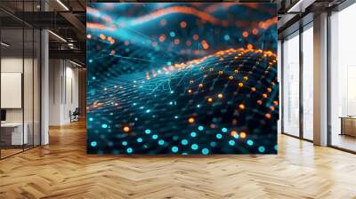 Technology network background ,Abstract connected dots and lines network background ,3d rendering of particles in cyberspace with depth of field and bokeh Wall mural