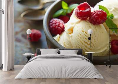 A bowl of rich vanilla ice cream with juicy raspberries on top Wall mural