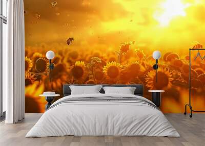 A bright sunset above a sunflower field with humming bees Wall mural