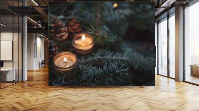 A calm celebration of the winter solstice featuring pine branches and candles Wall mural