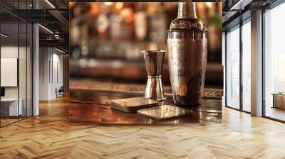 A cocktail shaker and a set of coasters on a bar counter Wall mural