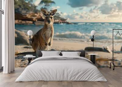 A cute and cuddly kangaroo on a beach Wall mural