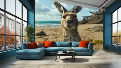 A cute and cuddly kangaroo on a beach Wall mural