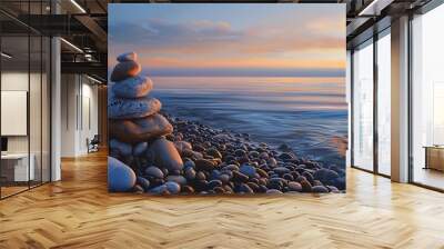 A pile of pebbles on the sea at dusk Wall mural