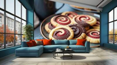 A plate of cookies covered with spirals of brown and red is placed next to a cup on a table Wall mural