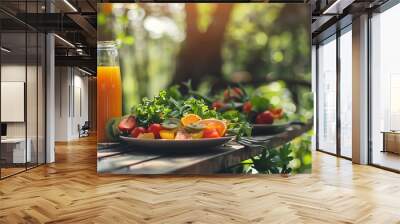 A tasty and delicious outside dinner with fruit juice Wall mural