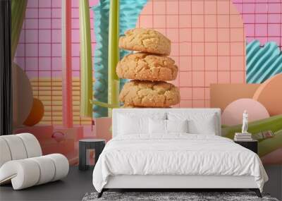 Binder clips featuring cookies and celery set against a geometric backdrop Wall mural