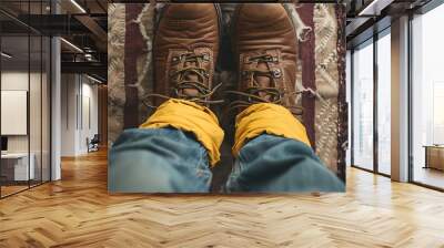 Brown boots and a yellow jacket above a natural oak frame Wall mural