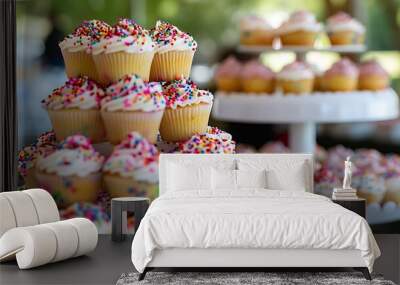 Dessert catering a cupcake tower themed catering display a beautiful sprinkle topped sweet treat that is ideal for a hot summer day Wall mural