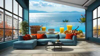 Having breakfast after floating in the pool luxurious a honeymoon gourmet dinner in a resort hotel with a view of the sea and horizon Wall mural