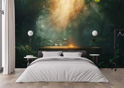 In a thick jungle an oak table sits at the end of an a fire in the soft glow of the light Wall mural