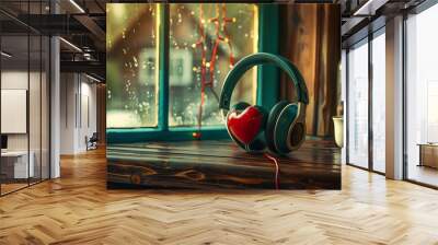 In a warm cabin green headphones with a crimson heart Wall mural