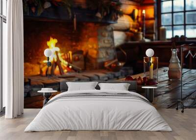 Old wooden table and fireplace with warm fire Wall mural