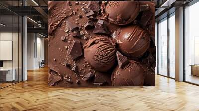 On a backdrop of dark brown there are chocolate shavings and dark chocolate ice cream Wall mural