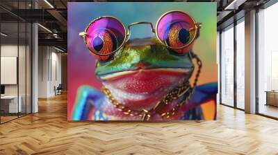 On a rainbow backdrop an elegant fate frog wears lenses and a gold band and collar Wall mural