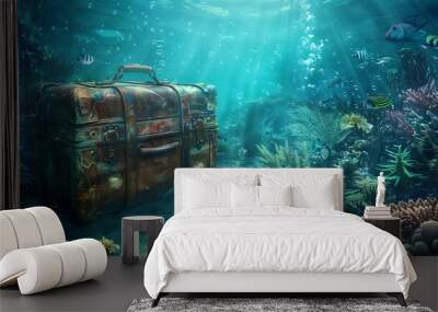 On an undersea land a brown baggage with school materials Wall mural