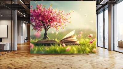 Opened book depicting a springtime blooming tree on a grassy field Wall mural