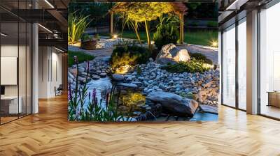 Residential backyard rockery garden with led lights landscaping industry theme Wall mural