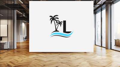 Nature water wave and beach tree vector logo design with the letter and alphabet L Wall mural