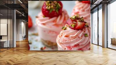 Strawberry cheesecake mousse cups decorated by egg white cream frosting and chopped pistachios closeup Wall mural