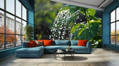 Using an outdoor pump to irrigate foliage in sunlight produces shadows and beads Wall mural