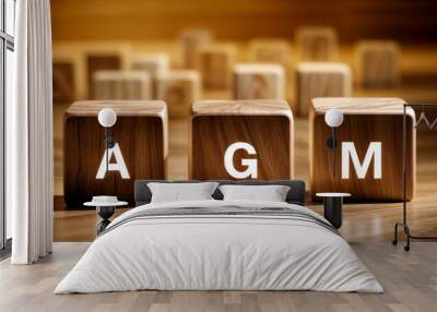 3d render of wooden blocks cube of AGM text word  annual General Meeting  Wall mural