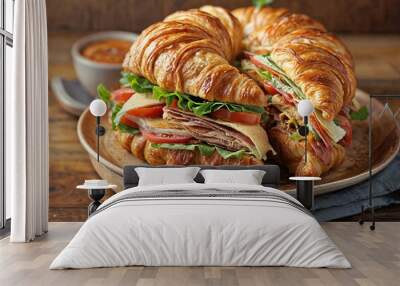 Flaky croissant with a delectable combination of meat, cheese, lettuce, and tomato Wall mural