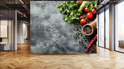 Fresh herbs and vegetables on a rustic kitchen counter Wall mural