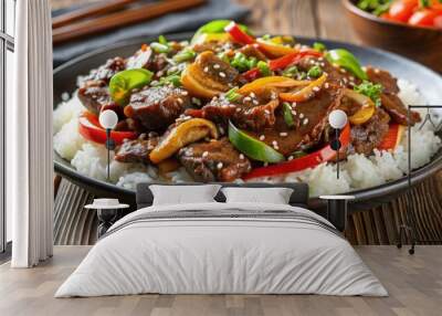 A close-up of savory Mongolian beef dish with vegetables and rice , Chinese cuisine, stir-fry, delicious, Asian food, traditional Wall mural