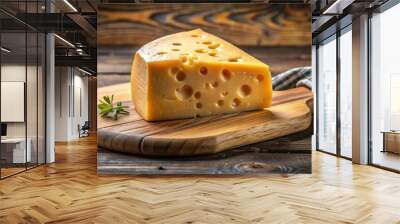 A close-up photo of a delicious piece of cheese on a wooden cutting board, food, dairy, gourmet, snack, appetizer, culinary Wall mural