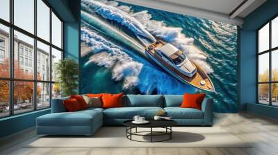 Aerial view of a speed motor boat zipping across the open sea, speed, motor boat, aerial view, open sea, water, fast Wall mural