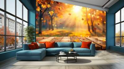 Autumn background with wooden table in park with falling leaves, colorful bokeh, and sunset lighting, Autumn, background Wall mural