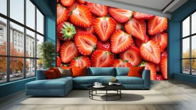 Background of freshly sliced red ripe strawberries, sliced, fresh, red, ripe, strawberries, fruit, background, healthy, vibrant Wall mural