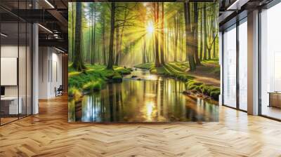 Beautiful forest panorama with a brook and bright sun shining through the trees, nature, landscape, trees, sunlight, serene Wall mural