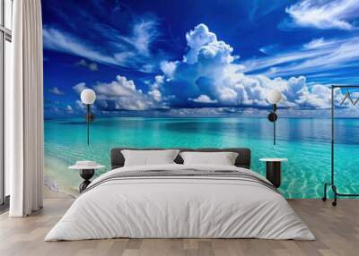 Blue beach with crystal clear water under a cloudy blue sky, beach, ocean, sea, waves, sand, clouds, sky, blue, horizon, calm Wall mural