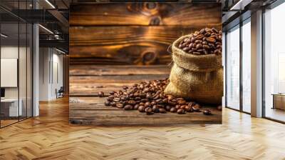 Brazilian roasted coffee in jute sack on rustic wooden table , Brazilian, roasted, coffee, jute sack, rustic, wooden, table Wall mural