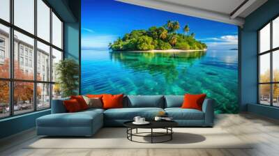 Bright morning view of an island with lush greenery, clear blue sky, and shimmering waters , island, morning, spring, view Wall mural