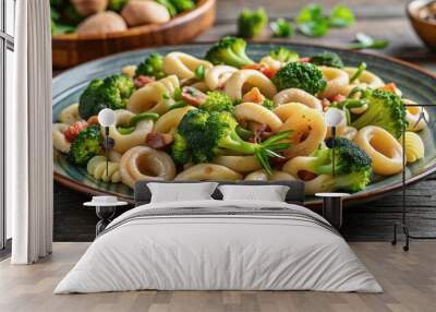 Cavatelli pasta with broccoli, squid, and bagels on a plate, cavatelli, pasta, broccoli, squid, bagels, food Wall mural