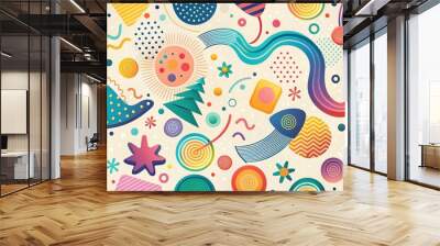 Colorful abstract shapes and lines on a light background creating a playful and whimsical pattern , abstract, colorful Wall mural