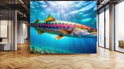 Colorful Chevron Barracuda fish swimming in clear ocean water, Chevron Barracuda, fish, underwater, ocean Wall mural