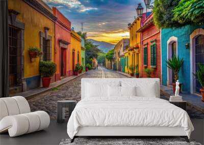 Colorful cobblestone street in a vibrant Mexican town, cobblestone, colorful, street, Mexican, town, architecture Wall mural