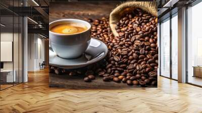 Cup of coffee with coffee beans,, coffee, cup, beans, espresso, drink, morning, aroma, caffeine, beverage, roasted, delicious Wall mural