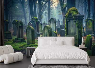 Dark and eerie graveyard with moss-covered tombstones , cemetery, spooky, creepy, haunted, gothic, death, Halloween Wall mural