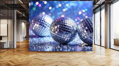 Decorative disco balls with silver confetti on iridescent background , disco balls, silver confetti, decoration Wall mural