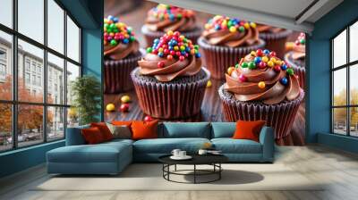 Delicious chocolate cupcakes topped with vibrant sugar beads, chocolate, cupcake, dessert, sweet, colorful, sugar beads Wall mural