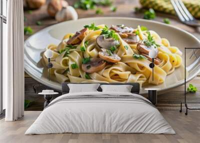 Delicious tagliatelle pasta with saut?ed mushrooms in creamy sauce, Italian cuisine, pasta dish, vegetarian Wall mural